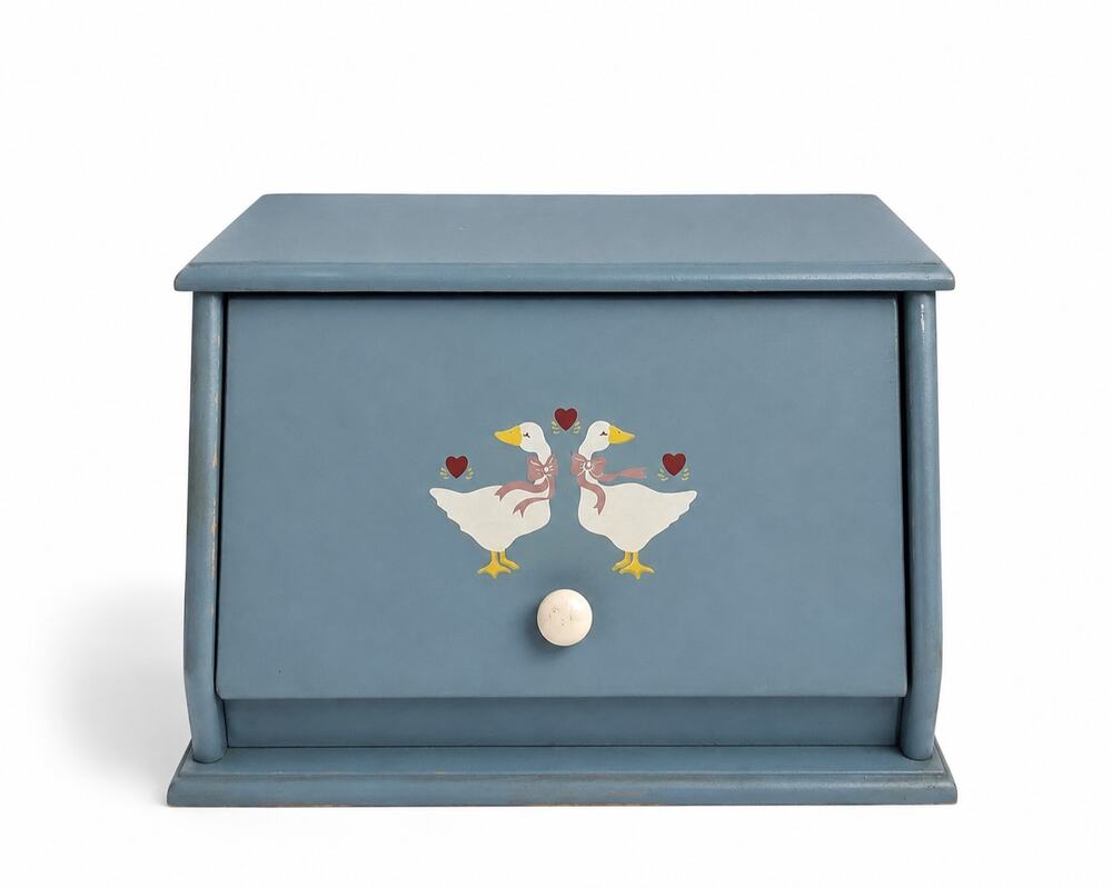 Vintage Blue Wooden Country Geese Bread Box Cottagecore Farmhouse Goose